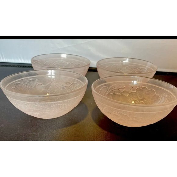 Vtg France Cafe Pink Small Fruit Dessert Bowl Frosted Depression Glass Lot of 4 - Picture 1 of 4